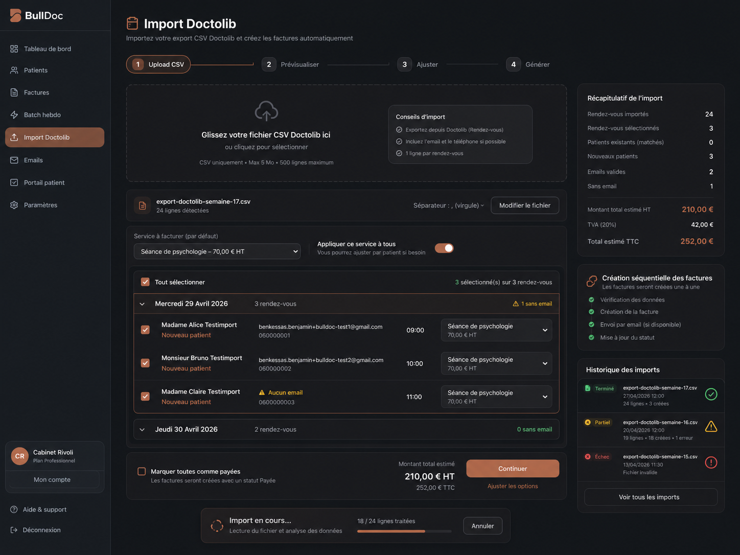 Import CSV Doctolib dans BullDoc pour préparer des factures