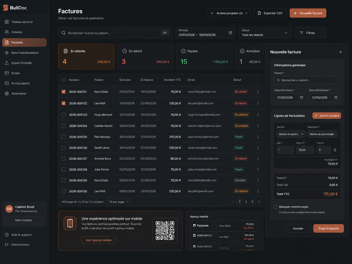 Liste de factures BullDoc pour thérapeutes et praticiens