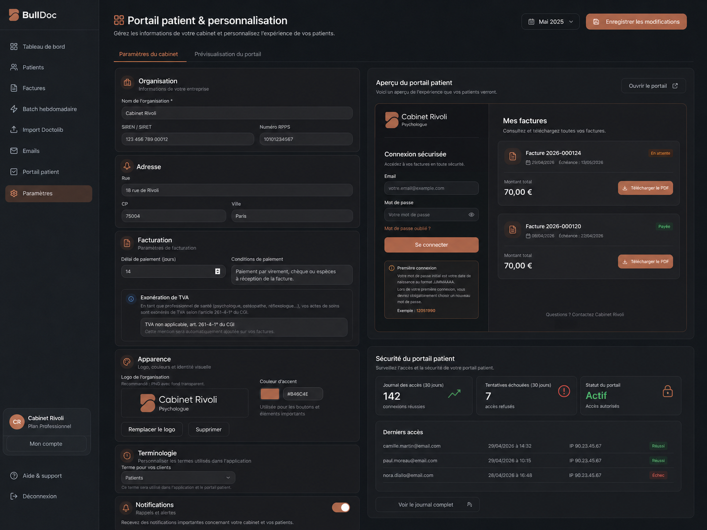 Interface de réglages du portail patient BullDoc