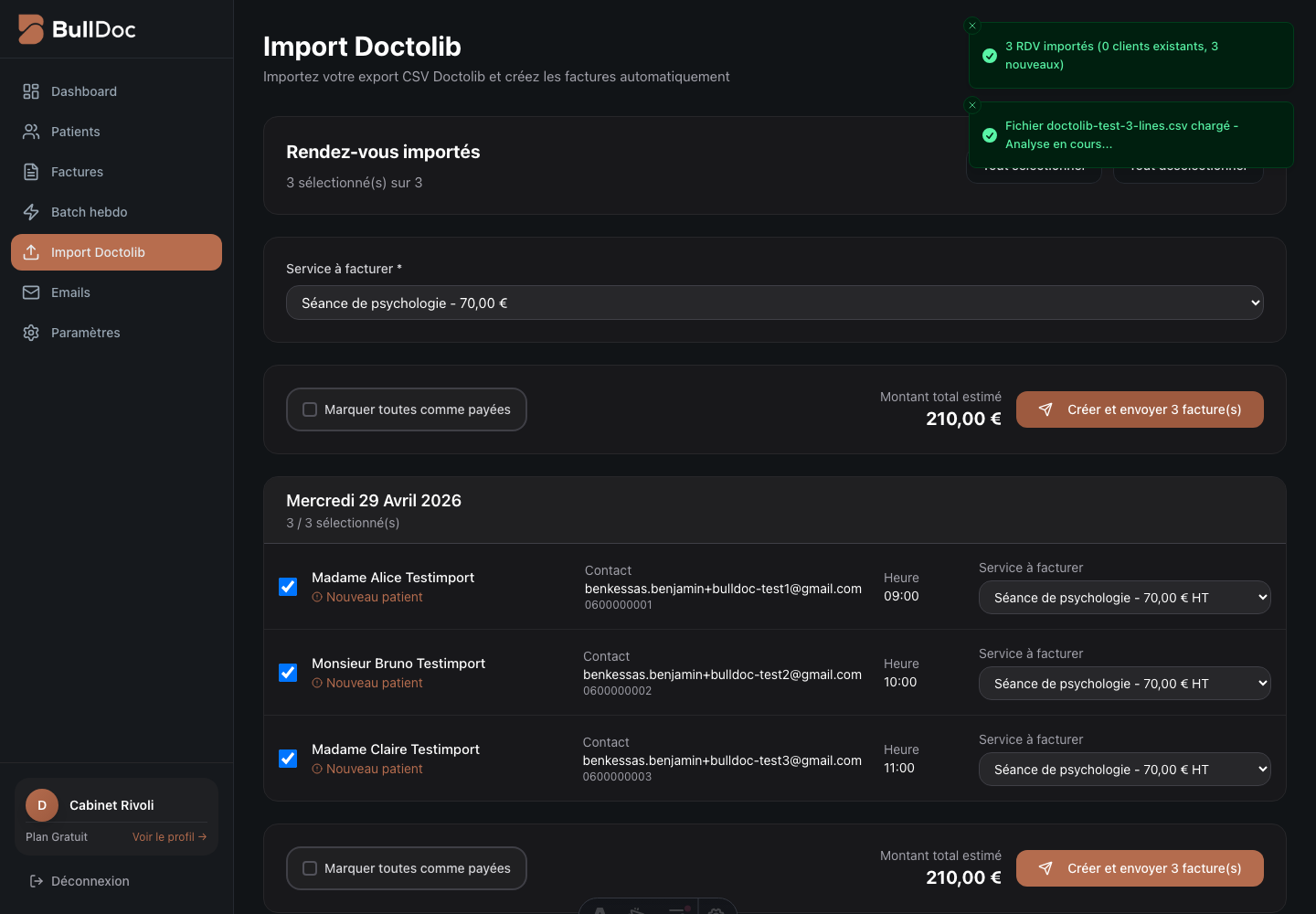 Prévisualisation BullDoc des rendez-vous détectés dans le CSV Doctolib