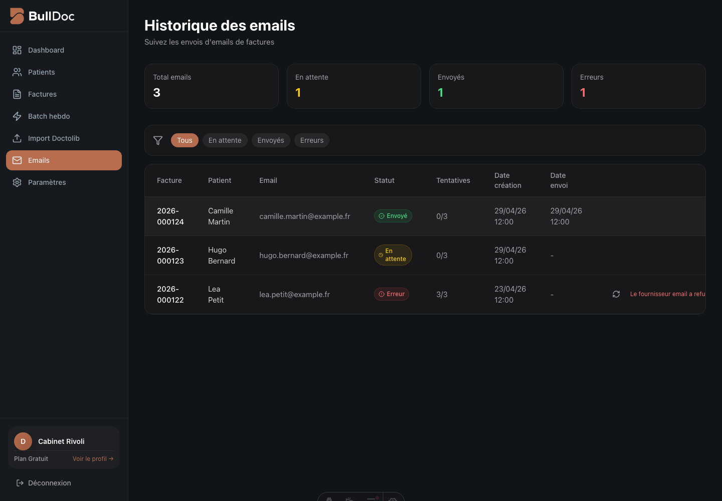 Historique des emails de facture dans BullDoc