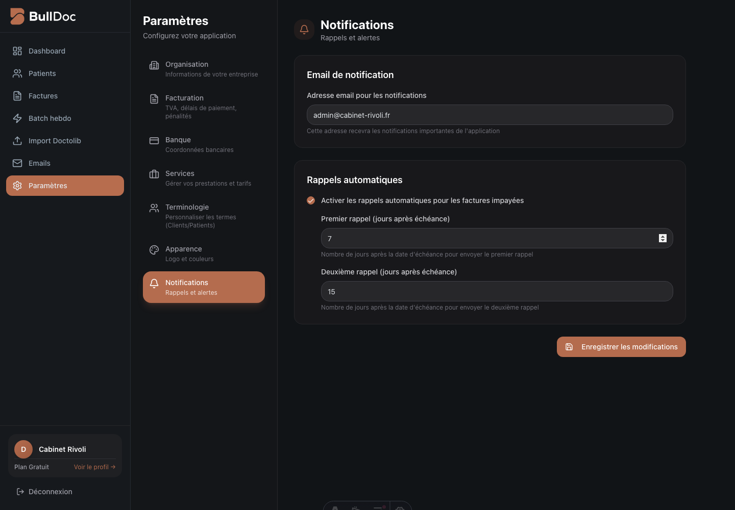 Réglages de notifications dans BullDoc