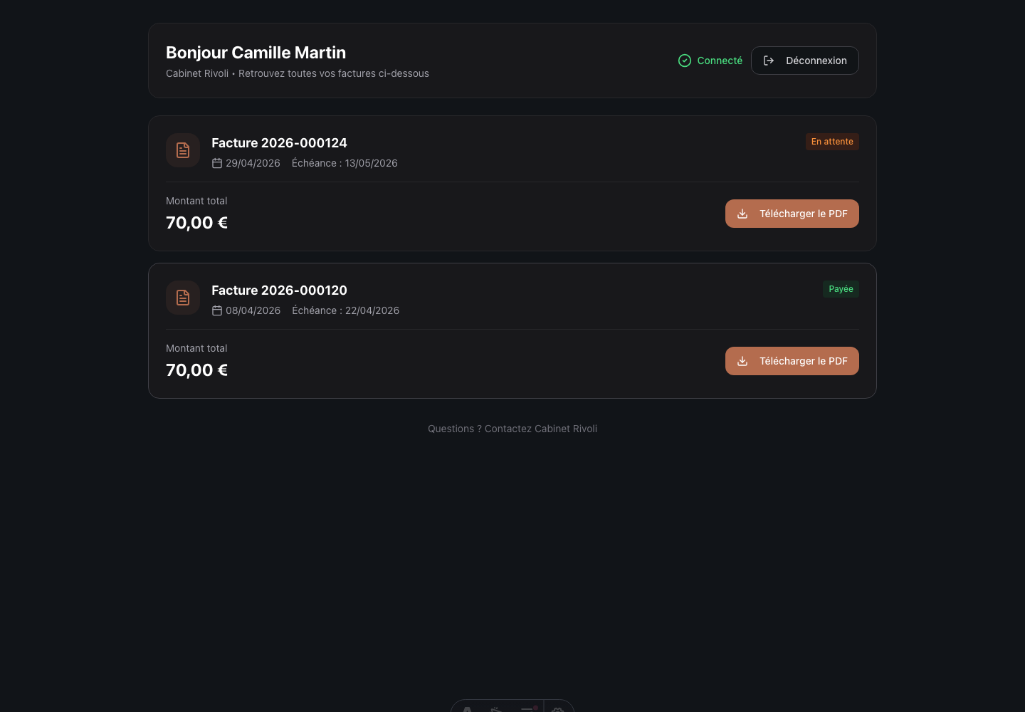 Portail patient BullDoc avec historique des factures